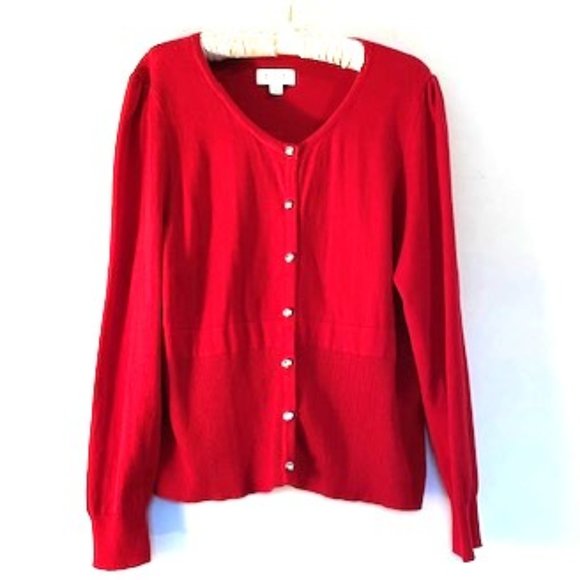 Red Cardigan Sweater with Puff Shoulders and a Bow in the Back - Picture 2 of 6